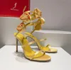 Rene gladiator dames bloemensandalen satijn Snake Strass stiletto hakken verfraaid roze damesjurk met hoge hakken bruiloft enkel omwikkelbaar avondschoenen met doos