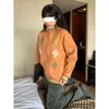 Kadın Örgü Tembel Stil Kazak Palto Kadınlar İlkbahar ve Sonbahar Japon Kontrast Elmas Damalı Gevşek Turuncu Örgü HARDIGAN TOP
