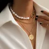 Kedjor Multilayer Vintage Portrait Pendant Necklace Women Gold Color Cuba Chain Asymmetric Pear Loaded For XZ-02