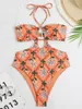 Women's Swimwear 5 Colors Women 2Pcs Swimsuits Floral Print Tie-Up Halter Neck Sleeveless Backless Padded Romper Bikini Sarong Skirt Cover