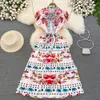 Casual Dresses 2023 Summer Bohemian Long Dresses Women Flying Sleeve Bow Tie Collar Floral Dot Print High Wasit Vestidos Robe