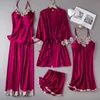 Sexy Pyjamas Lace 5PCS Bathrobe Gown Set Women Pajamas Loungewear Spring Summer Satin Kimono Robe Suit Sleepwear Casual Home Clothes 231129