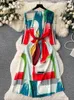 Sıradan Elbiseler Sonbahar Miyake Pileli Satranç Tahtası Ekose Gloos Kadın Üç Çeyrek Kollu Yüksek Streç Desen Baskı Dantel Yukarı Midi