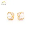 Popular Brands Moissanite Diamond Four-Leaf Clover Designer Fashion Gold Pearl Stud Earring Women