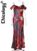 Basic Casual Dresses Chicology Women Chiffon Printed Strap Swinging Collar Maxi Dress Bodycon Sexy Elegant Beach Vacation Festival Hawaii Outfit 231129