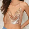 Damestanks sexy tanktop glanzen met metalen pailletten kale middenrif halter met ketting crop tops vrouwen mouwloos bijgesneden vest camis buis vrouw