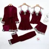 Sexy Pyjamas Sexy Lace Nightwear Pajamas Suit Intimate Lingerie Women Velour Sleep Set 5PCS Kimono Robe Velvet Soft Homewear Sleepwear 231128