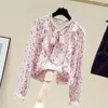 Women's Blouses Women Spring Blouse Temperament Stamp Arder Bow Ruffle Flare Sleeve Long Fragmented Chiffon Shirt Fairy Top D3027