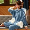 Damen-Nachtwäsche-Pyjama-Set, dicker Flanell, niedlich, mit Kapuze, Herbst und Winter, warme Lammsamt-Nachtwäsche, Damenmode, Heimservice