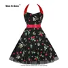 Casual Dresses 2023 Cherry Print Summer Dress Vintage 50s 60s Pinup Halter Midi A Line Belted Mesh Hem Patchwork Retro VD3791