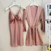 Women's Sleepwear MECHCITIZ 2023 Silk Women Sexy Robe Dress Set 2 Pieces Nightie Robes Lace Nightgown Pajamas Satin Bathrobe Home Suit