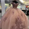 Pink Shiny Lace 3D Flower -applikationer quinceanera klänningar med bågkulklänningar tyll prinsessa söt 16 klänning snörning vestidos de 15