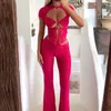 Women's Two Piece Pants Hirigin Chic Women Summer Outfits Front Cutout Lace Tops Low Rise Skinny Long Flare 2 Pieces Clothes Set Streetwear