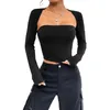 T-shirts pour femmes Femmes S Basic Crop Tops Sexy Manches longues Couleur unie Col carré Slim Fit Automne Sortir Streetwear