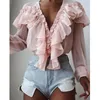 Kvinnors blusar skjortor gjorda i Kina Kvinnor Chiffon Solid Color V-Neck Ruffle Trim Blouse Casual Long Sleeve Loose Top