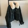 Женская кожаная куртка-бомбер из искусственной кожи на осень-зиму со съемным меховым воротником из норки, бархатный толстый плащ на молнии 231129