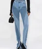 デザイナーファッションジーンズの女性ジーンズスリムデカストラクトパネルパッチワークハイウエストスプリットブルーデニムパンツオータムカジュアルブルーストレートデニムパンツ