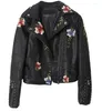 Women's Jackets Floral Print Women Faux Leather Jacket Female Embroidery Rivet Turn-Down Collar Motorcycle Coats Ladies Zipper Outerwear