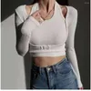 Dames t shirts Syiwidii ​​2 stuks set vrouwen sexy tops kinted lange mouw crop top shirt halter vrouw t -shirts zwart witte elastische slanke tees