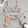 Sexy conjunto feminino cílios rendas costura roupa interior underwire sutiã e calcinha três peças malha fina ver através de lingerie erótica 231129