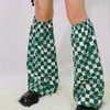 Women Socks Harajuku Autumn Winter Japanese Girl Knee Sleeve Warm Leg Cover Green White Checkerboard Knitted Warmer