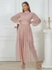 Casual Dresses Women Bubble Long Sleeve High Waist Dress Elegant Pink Half Collar Pleated Loose A-line Birthday Evening Party