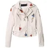 Women's Jackets Floral Print Women Faux Leather Jacket Female Embroidery Rivet Turn-Down Collar Motorcycle Coats Ladies Zipper Outerwear