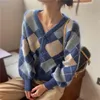 Tricots pour femmes Tees Vintage Argyle Contraste Couleur Tricoté Cardigan Col V Simple Boutonnage Femmes Pull Automne Coréen Chic Manches Longues Saut