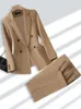 Kvinnors tvåbitar byxor Fashion Ladies Pant Suit Formal Women Office Business Work Wear Blazer och byxa Beige Black Khaki 2 Piece Set With Pocket 231129