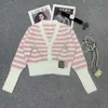 Women's Sweaters designer M Family 2023 New V-neck Knitted Stripe Heart Single breasted Cardigan Hem Letter Beaded Long sleeved Coat Top BRGT