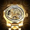 腕時計の勝者の豪華なスケルトンメカニカルウォッチfor Men Golden Royal Dodecagon Case Careved Movement Stainless Strap Luminous Hands 231128