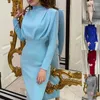 Casual Dresses 2023 Autumn Winter Solid Blue Maxi For Women Turtleneck långärmad bandage Hip Slim Office Lady Party Dress Fall Robes