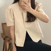 Kvinnors jackor Lossa puff kort ärm beskuren Cardigan Casual All Match Jacket Topps Korean Chic Spring Retro O Neck Two Button Woman Woman