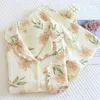 Women's Sleepwear Sale Women Home Wear 2023 Summer Gauze Cotton Leisure Turn-Down Collar Set Floral Printed 2Pcs Pyjamas