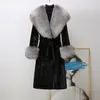 Gola de pele de raposa casaco de pele de vison para mulheres outono inverno jaqueta cinto quente longo tops outerwear designer preto das mulheres presentes para o natal