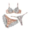 Sexy conjunto feminino cílios rendas costura roupa interior underwire sutiã e calcinha três peças malha fina ver através de lingerie erótica 231129