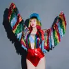 Stage Wear Bar Sexy Stage Wear Colorful Tassel Coat Head-wear Rainbow Bodysuit Performance Cloes Women Drag Queen Dance Comeephemeralew