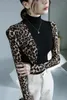 Stage Draag Latin Dance Tops Dames Ballroomkleding Leopard Hoge kraag Bodysuit Volwassen lange mouwen oefenen shirts DNV17083