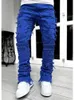 Mäns jeans Herrens avslappnade Jeans Tassels Patch Work Design Ultra-tunna passande fast färg Elastiska denim Pants Straight Leg Street Clothing 231129