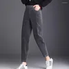 女性用パンツウォームレディースカジュアルコーデュロイ快適なプルは、茶色/灰色を着て冬のために弾性ウエストのズボンの綿を引きます -