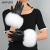 Fingerless Gloves Women's Genuine Leather Glove Winter Warm Real Sheepskin Fox Fur Gloves Fashion Style Natural Fluffy Fox Fur S7200 231128