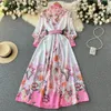 Casual Dresses 2023 Spring Fashion Runway Dress Women Stand Collar Long Sleeve Floral Print Maxi Pleated Vestidos Casual Holiday Robes Pink