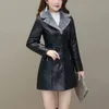 Coupe-vent en Faux cuir pour femmes, Plus velours épais, manteau en coton PU, Long col de costume, grande taille, vestes chaudes à la mode 231129