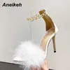 Sandalen New Sweet Stiletto Heels Sandalen Metall Decoratio Frauen Zipper Party Pu Schuhe Fashion Trend Kunstpelz Sommer 35-41 230316