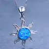 Pendant Necklaces Boho Female Sun Flower Pendants Blue Fire Opal Stone Necklace Fashion Silver Color Wedding Jewelry