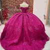 Розово-красные платья Quinceanera Мексиканский милый пышный корсет на шнуровке с открытыми плечами и аппликацией Роскошные кружевные платья принцессы Vestidos De XV Anos 15