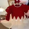 Girl Dresses Infant Girls Long Sleeve Velvet Dress For Christmas Party Cute Pearl Beading Red Warm Kids Princess Happy Year