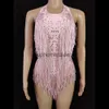 Stage Wear Sparkly Rhinones Frange Pink Body Donna Dance Outfit Nappa One-piece Stage Wear Cantante Sexy Leotardephemeralew