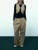 Женские брюки из двух предметов, весенний женский тонкий комплект со средней талией, прямой светло-коричневый, повседневный комплект с коротким топом на бретельках с одной грудью в тонкую полоску