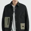 Men's Down Parkas Men's Colorblock Pockets Button Bomber Jackets Autumn American Retro Baseball Uniform Black Loose Tops Male Lapel Frock Coat 231128